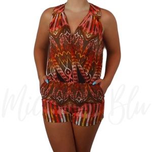 BCBG Maxazria Tribal Print Romper Pockets VNeck XS